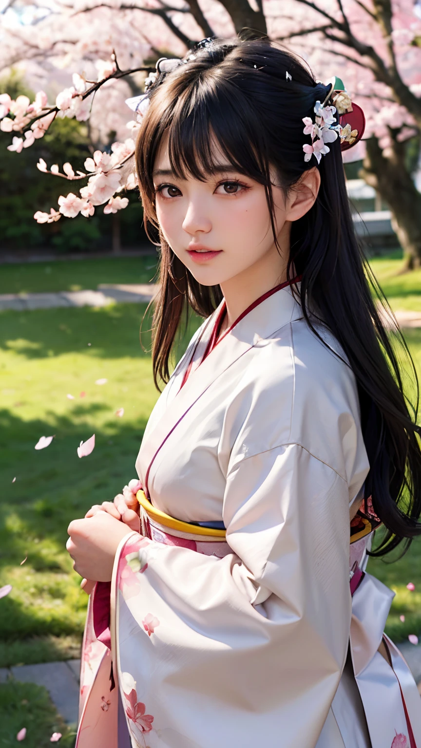 (A logo、masterpiece、8K、masutepiece、Raw photo、Fantastic、Best Quality、Photorealistic、extremely detailed CG unified 8k wallpaper、hightquality、ighly detailed、epic poem、Particle effect、Dynamic effects、depth of fields、Cinematic Light、Lens Flare、Ray tracing)、Fantasia、 (Beauty 1 person、Kimono isolated on white background、Japanese dress、Cherry blossom pattern、A dark-haired、Beautiful face、Real Face、Beautiful detail eyes、Beautiful skin)、Hair flutters in the wind、Hair jumps、Pink cherry blossom tree、Petals flutter、Sakura blizzard、Superb view、morning glow、Sun in the background、the wind、Deities、tusk、myth、Vast Land、