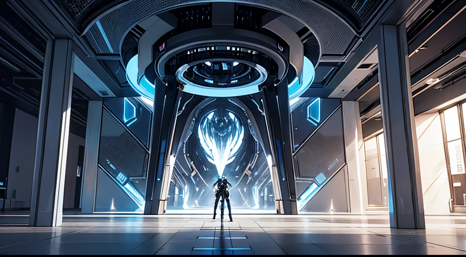 Generate a high-definition AI artwork focusing on a mecha-style teleportation gate as the central element. Envision a futuristic landscape where the teleportation gate, with its sleek mecha design, serves as the primary focal point. Emphasize the portal's features with vibrant energy, dynamic lighting effects, and intricate details that convey its advanced technological nature. Ensure the portal is visually distinct, standing out amidst the mecha surroundings. Through high-definition rendering, let the AI create an immersive scene that showcases the teleportation gate as a pivotal and captivating element within a futuristic, mecha-inspired environment