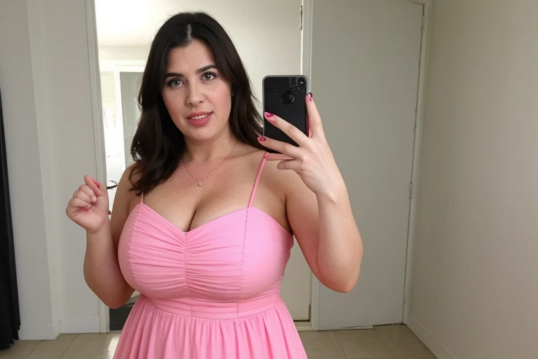 big breasted woman with an unattractive face, in a pink dress, posing for a tinder pic, she's 45