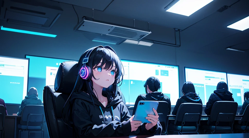 (1girl, black hair, long hair, headphones, hoodie, leaning back in the chair and looking up at the ceiling), (dark room, blue monitor light, blue neon)