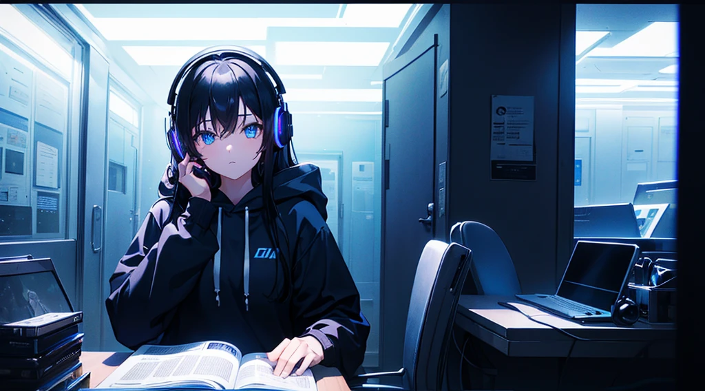 (1girl, black hair, long hair, headphones, hoodie, leaning back in the chair and looking up at the ceiling), (dark room, blue monitor light, blue neon)