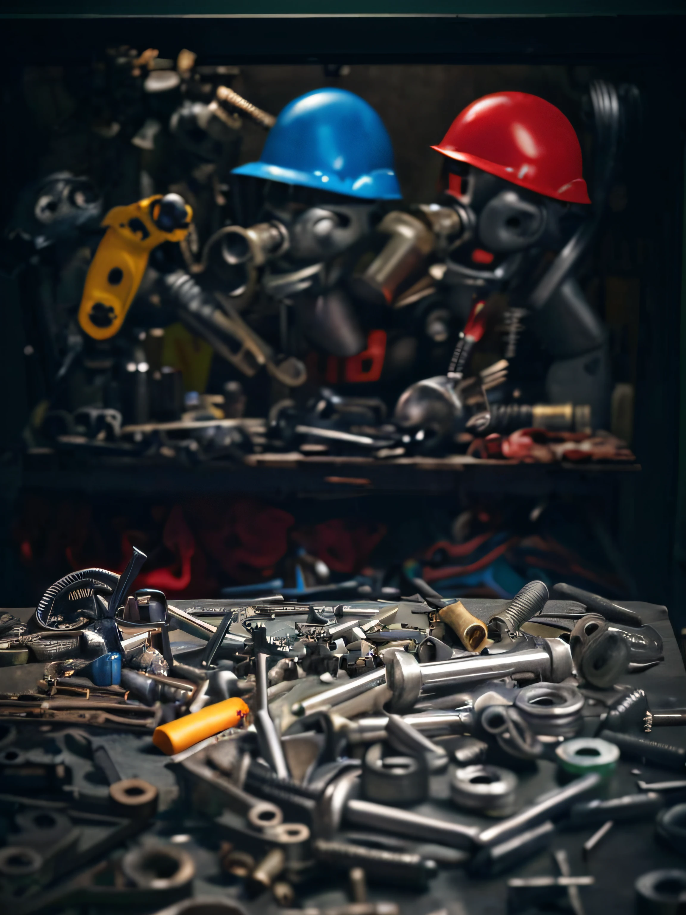 Many different types of tools in one box, Scrap metal on the workbench, tools, wrench, wrench, Tools and trash on the ground, screws and bolts, mechanoid, marmoset toolbag, on a dark background, mechanicalparts, robot repair workshop, tools, maintenance, spare parts, toolbelt, worksheet, mechanicalparts