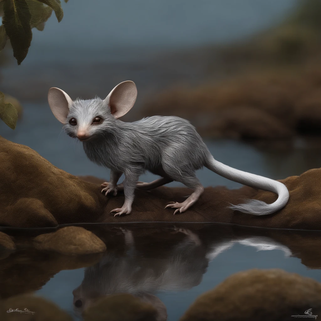 gremlin, mole-like, bright silver and brown, long tail, large ears, covered with silver wool, water, stands on the shore, Best Quality, Masterpiece, in style of dark fantasy art