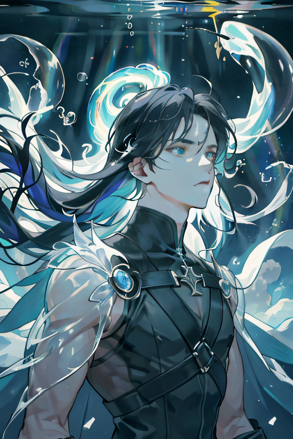 masterpiece，best quality，1 male，，Mature，tall muscular man，dark theme，magic circle，Bubbles，rainbow sunshine，underwater，Reflector，floating glass pieces，rainbow light，Bubbles漩涡，wind vortex，aurora，fantasy landscape，characters around starlight，（Upper body