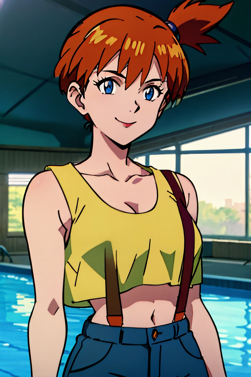 ((masterpiece,best quality)), absurdres, Misty_Pokemon, yellow crop top, sleeveless, suspenders, solo, smiling, looking at viewer, upper body shot, holding pokeball, Pool, hand on hip, short dean shorts, curvy, cleavage, large breasts, underboob, blue eyes,orange hair,   evangelion anime style, anime screencap, 1990s_\(style\)