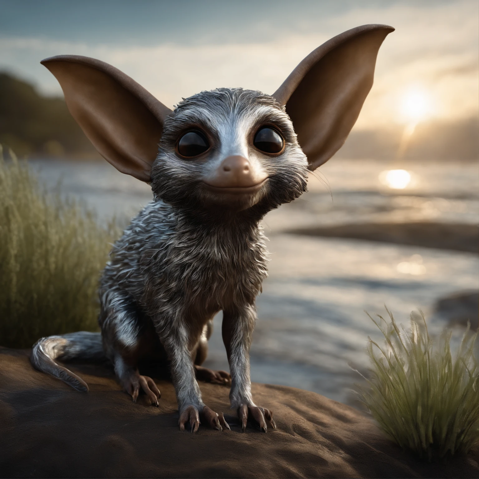 gremlin, mole-like, bright silver and brown, long tail, large ears, covered with silver wool, water, stands on the shore, Best Quality, Masterpiece, in style of dark fantasy art
