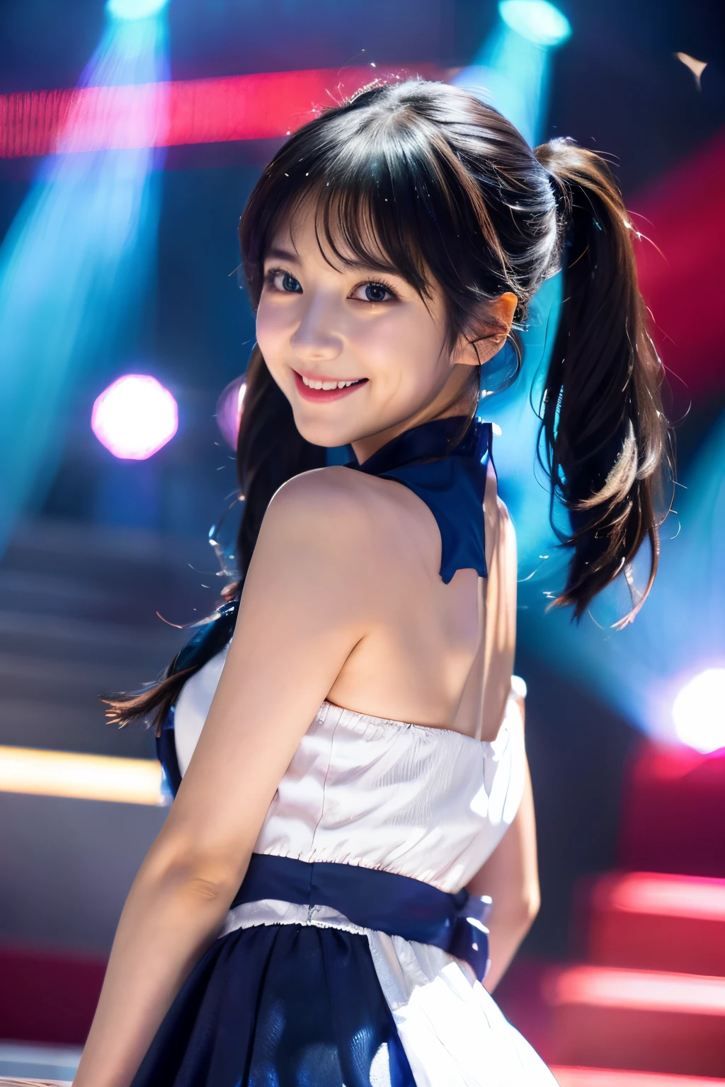 (((upper bod)))、((Girl in 1))、(looking at view)、(in her 20s)、((Black hair long hair))、((Pattsun bangs))、((Twintail))、(The best smile)、((Ultramammy))、(Blue princess dress with ruffles)、(brown-eyed)、(Photoreal Stick:1.2)、in 8K、(High quality shadows)、Detail Beautiful delicate face、Detail Beautiful delicate eyes、Cute K-pop Idol、(Korean Urzan Face)、(ulzzang -6500-v1.1:0.6)、gloweyes、perfectbody、Natural color reproduction、Bright red lipstick、Shiny hair、Description beautiful delicate hair、(Lustrous skin)、电影灯光、Holding a microphone on the stage of a live house、Dazzling spotlights、I'm singing and jumping、