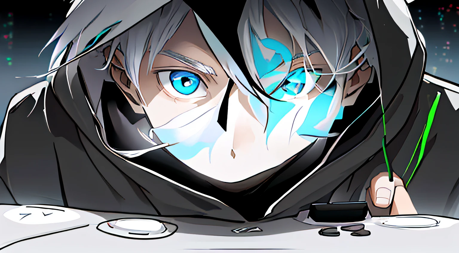 white hair young man holding the controller while facing the camera , wearing a hoodie