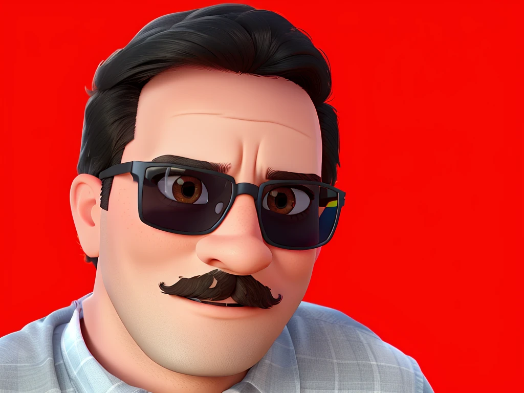 Disney Pixar young Mr in sunglasses with red background wearing mustache