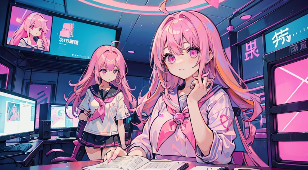 (3 girls, pink hair, pink eyes, sailor suit, kawaii, strategy meeting), (pink cyberpunk, room with big monitors, pink neon)