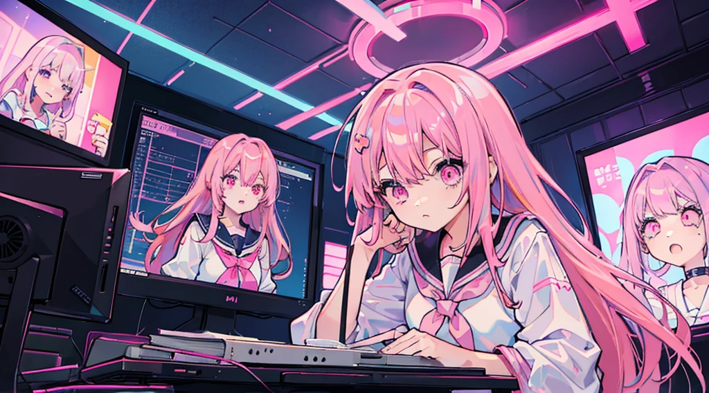 (3 girls, pink hair, pink eyes, sailor suit, kawaii, strategy meeting), (pink cyberpunk, room with big monitors, pink neon)