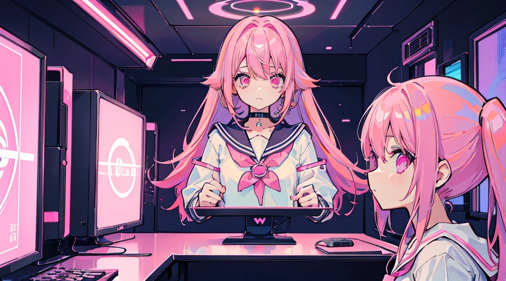 (3 girls, pink hair, pink eyes, sailor suit, kawaii, strategy meeting), (pink cyberpunk, room with big monitors, pink neon)