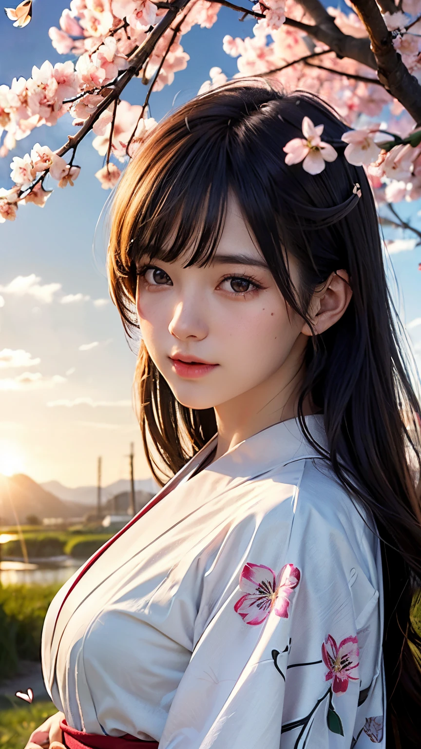 (A logo、masterpiece、8K、masutepiece、Raw photo、Fantastic、Best Quality、Photorealistic、extremely detailed CG unified 8k wallpaper、hightquality、ighly detailed、epic poem、Particle effect、Dynamic effects、depth of fields、Cinematic Light、Lens Flare、Ray tracing)、Fantasia、 (Beauty 1 person、Kimono isolated on white background、Japanese dress、Cherry blossom pattern、A dark-haired、Beautiful face、Real Face、Beautiful detail eyes、Beautiful skin)、Hair flutters in the wind、Hair jumps、Pink cherry blossom tree、Petals flutter、Sakura blizzard、Superb view、morning glow、Sun in the background、the wind、Deities、tusk、myth、Vast Land、