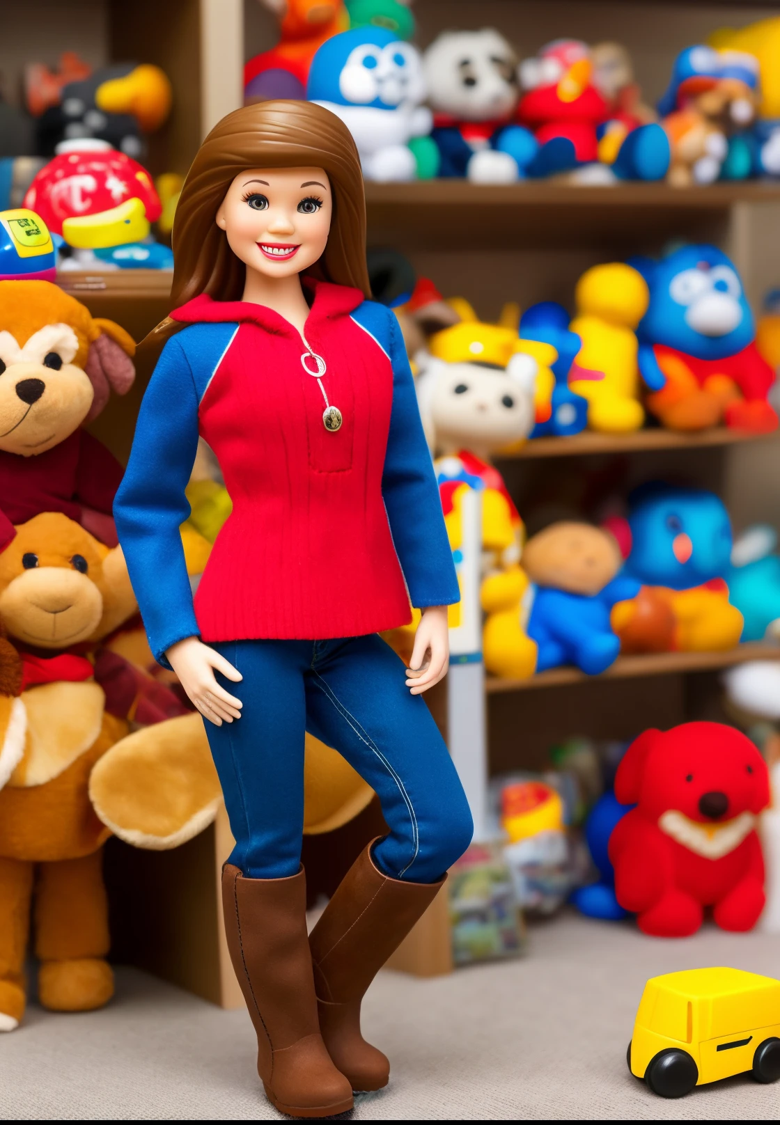 Middle aged Woman wearing tight jeans and tall brown boots. She is not skinny but normal sized. She is smiling and her hands are on her hips. Head and boots should be seen. Whole body in frame of picture. She is shrunken down to 2 inches tall. In the background, there are giant toys. She's human not a toy but shrunken down.