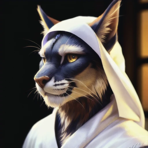 portrait gryphon wearing white robes, intricate, photorealistic, highly detailed, 8K, stoic