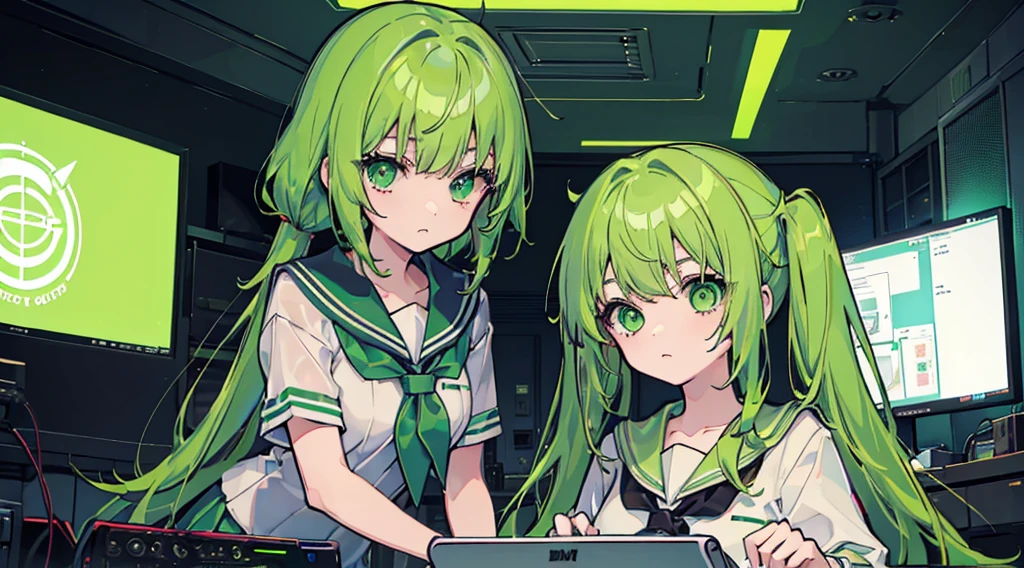 (3 girls, green hair, green eyes, sailor suit, kawaii, strategy meeting), (green cyberpunk, room with big monitors, green neon)
