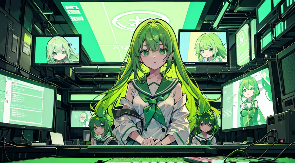 (3 girls, green hair, green eyes, sailor suit, kawaii, strategy meeting), (green cyberpunk, room with big monitors, green neon)