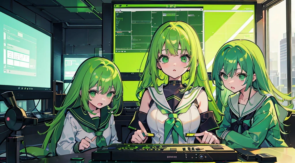 (3 girls, green hair, green eyes, sailor suit, kawaii, strategy meeting), (green cyberpunk, room with big monitors, green neon)