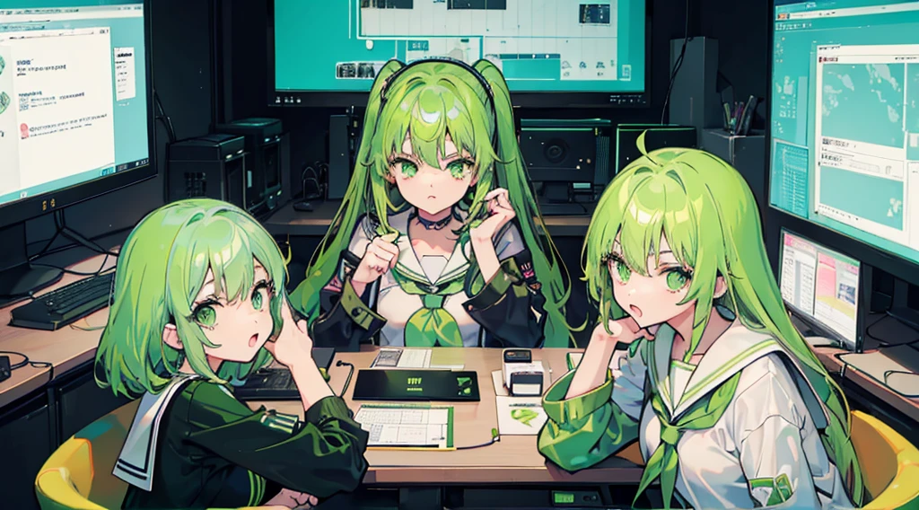 (3 girls, green hair, green eyes, sailor suit, kawaii, strategy meeting), (green cyberpunk, room with big monitors, green neon)