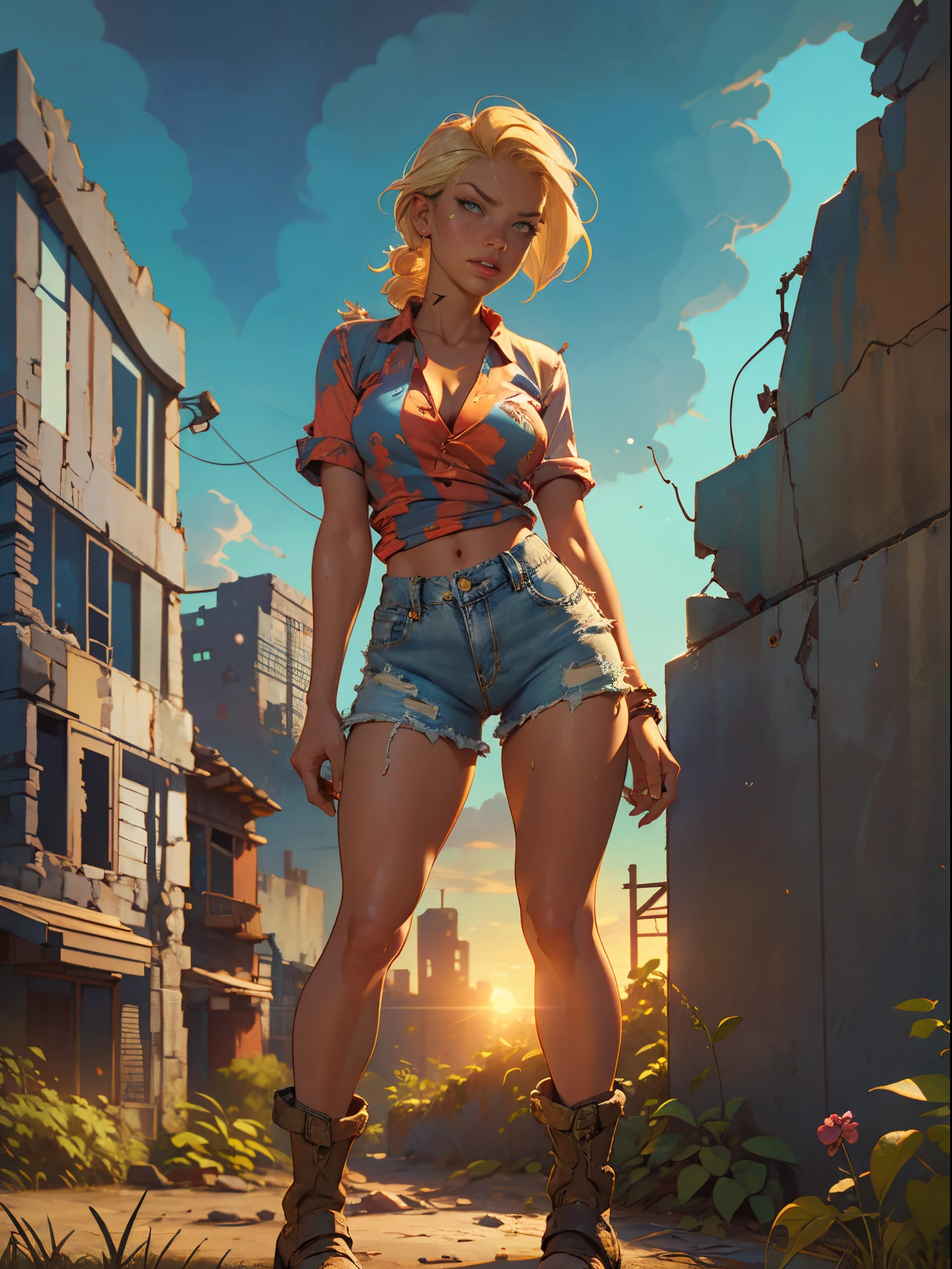 2076 year. The Urban Ruins of the Wasteland, Female huntress picking fruit in the garden, beautiful face, blonde, badly torn shirt and denim shorts ,  long legs, sweating through, sun rising, Nice warm colors, head to toe, full body shot, pretty hands, perfect fingers,