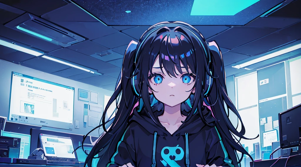 (1girl, black hair, long hair, headphones, hoodie, leaning back in the chair and looking up at the ceiling), (dark room, blue monitor light, blue neon)