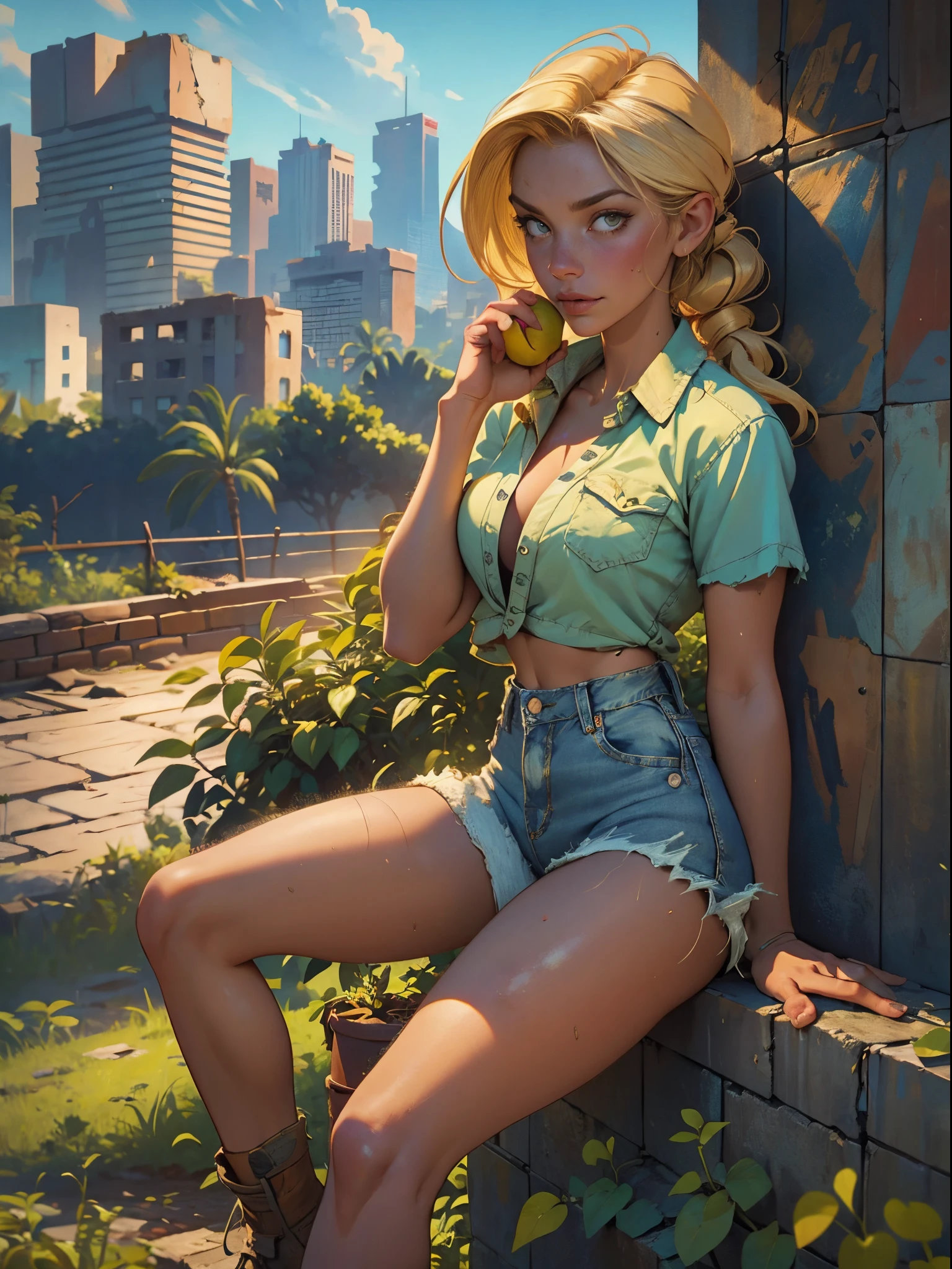 2076 year. The Urban Ruins of the Wasteland, Female huntress picking fruit in the garden, beautiful face, blonde, badly torn shirt and denim shorts , long legs, sweating through, sun rising, Nice warm colors, head to toe, full body shot, pretty hands, perfect fingers,