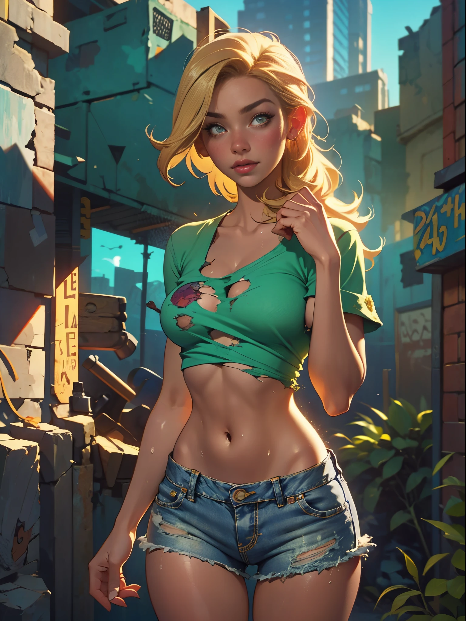 2076 year. The Urban Ruins of the Wasteland, Female huntress picking fruit in the garden, beautiful face, blonde, badly torn shirt and denim shorts ,  long legs, sweating through, sun rising, Nice warm colors, head to toe, full body shot, pretty hands, perfect fingers,