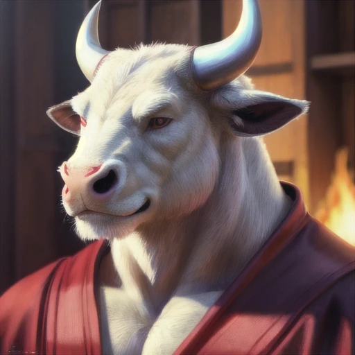 portrait bull wearing red robes, intricate, photorealistic, highly detailed, two-tone fur, medium-length horns, 8K, stoic