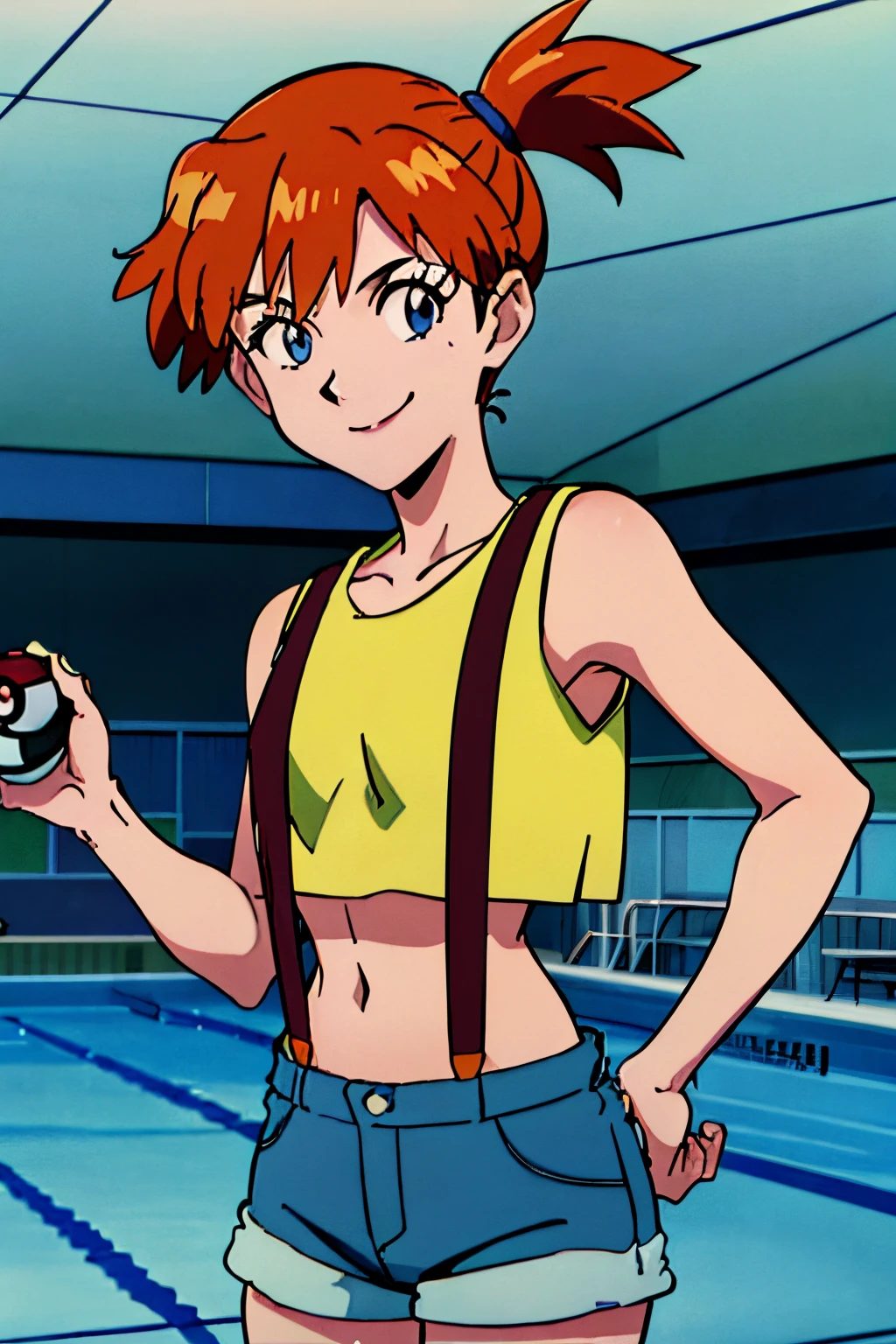 ((masterpiece,best quality)), absurdres, Misty_Pokemon, yellow crop top, sleeveless, suspenders, solo, smiling, looking at viewer, upper body shot,  side ponytail, holding pokeball, Pool, hand on hip, short dean shorts, blue eyes,orange hair,   evangelion anime style, anime screencap, 1990s_\(style\)