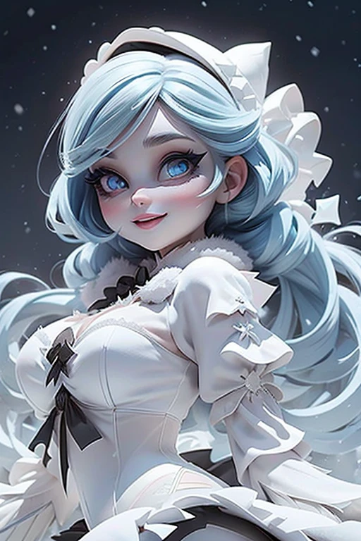 masterpiece, best quality, a snow horned vampiress smiling, blue lips, blue hair, intense blue smokey eyes makeup, (snow material) clothing, (crystal) hair bow, crop shirt, sheer draped skirt, ((white tights)), ((black pumps)), playing with the snow, frozen magical garden (at night), magic lights floating around, (falling snow), photoshoot, dynamic pose, angle from below,