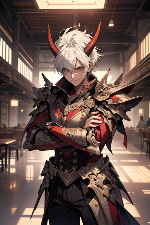 1 boy,Tall and handsome, perfect male body, oni, black horns, white hair, bright red skin, look up, look up at the camera, (Hold your arms, evil smile, wearing gold armor), dramatic shadow,Ray tracing, Best quality, Cinematic lighting, Extremely detailed masterpiece, best quality, high quality, high details, highest, accurate, anatomically correct, textured skin, UHD, 1080P