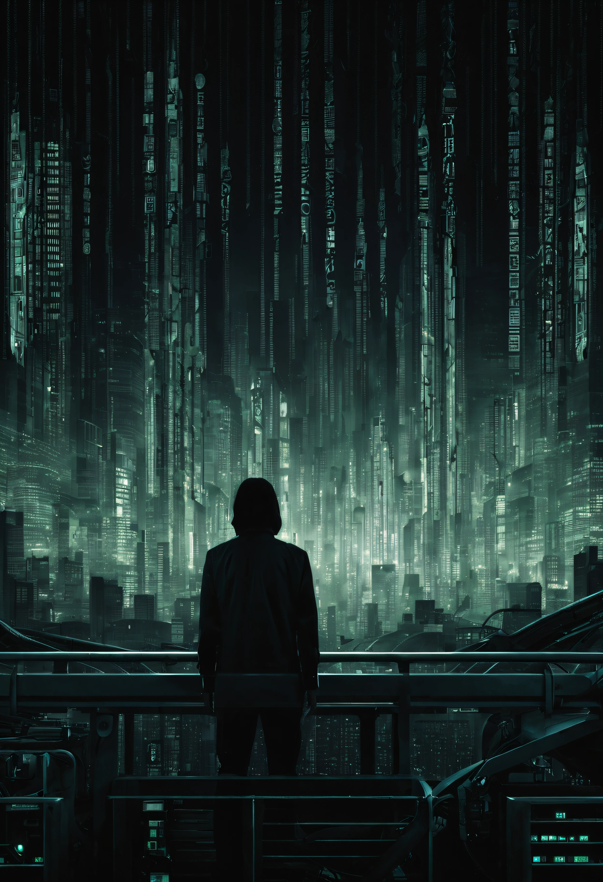 wallpaper binary code and computers pattern, tech, Fondo nocturno de la ciudad, a high definition, Science-Fiction, Estilo fantasma en el shell, Akira's cinematic style, h. r. Estilo Giger, Estilo de matriz