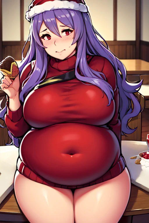 fat, obese, overweight, big belly, sweater, Christmas, fat, table with food, sitting, camilla fire emblem, fat