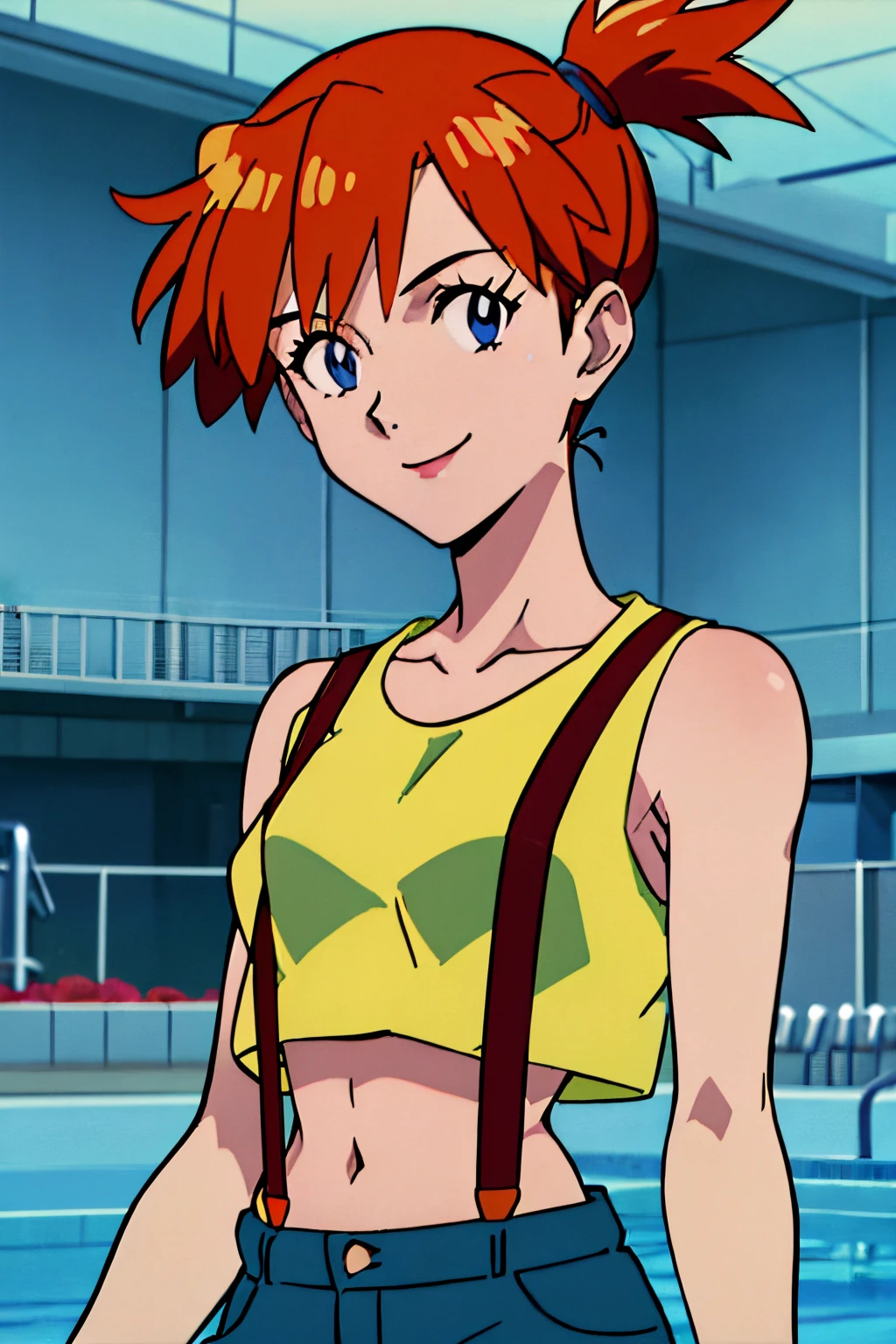 ((masterpiece,best quality)), absurdres, Misty_Pokemon, yellow crop top, sleeveless, suspenders, solo, smiling, looking at viewer, upper body shot,  side ponytail, holding pokeball, Pool, hand on hip, short dean shorts, blue eyes,orange hair,   evangelion anime style, anime screencap, 2000s_\(style\)