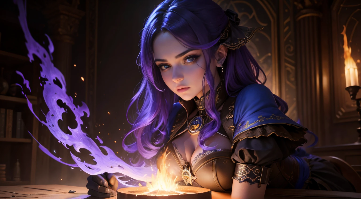 arte de fantasia, arte steampunk, Arte de RPG, fotografia, .RAW, , Melhor Detalhado, Imagem de uma mulher bruxa, Manipulating the Magic Blue Fire, mulher extremamente bonita (Melhor Detalhado, master part, hiper-realista: 1.5) cabelos loiros, cabelos ricos, cabelos ondulados, dynamic eye color, vestindo vestido preto e branco, wearing pantyhose, usando botas de salto alto, lace-up boots, compor, fundo steampunk, ultra melhor realista, melhores detalhes, best quality, 16k, [ultra detalhado], master part, best quality, (extremamente detalhado), tiro ultra largo, fotorrealismo, profundidade de campo, pintura hiper realista, Runas brilhantes_Purple, fogo azul
