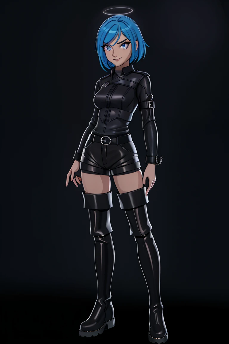 beautiful 1girl, full body, short bright blue neon streaked dishevelled hair, thin body, medium breasts, (detailed eyes:1.3), ((seductive pose:0.5)), shy smile, black eyeshadow, (street style wear:1.2), ((tight fitted short pants)), ((thigh high leather boots:1.3)), (dark city night black background:1.4), dark makeup, digital art, highly detailed, fine detail, intricate, beautiful detailed glow, detailed, Cinematic light, high-res, detailed facial features, sharp focus, smooth, aesthetic,