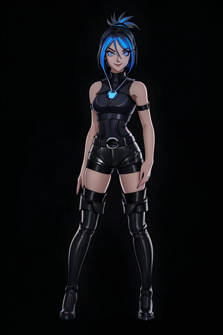 beautiful 1girl, full body, short bright blue neon streaked dishevelled hair, thin body, medium breasts, (detailed eyes:1.3), ((seductive pose:0.5)), shy smile, black eyeshadow, (street style wear:1.2), ((tight fitted short pants)), ((thigh high leather boots:1.3)), (kneeling :1.2), (dark city night black background:1.4), dark makeup, digital art, highly detailed, fine detail, intricate, beautiful detailed glow, detailed, Cinematic light, high-res, detailed facial features, sharp focus, smooth, aesthetic,