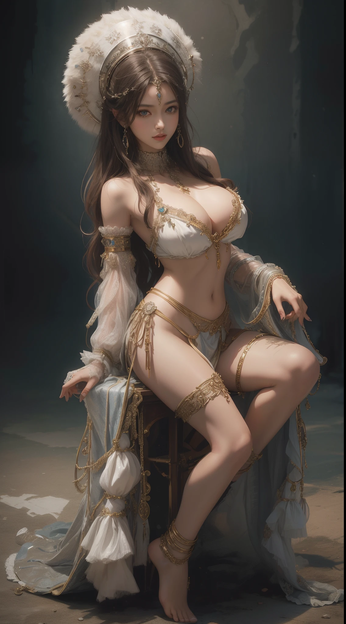 tmasterpiece，Highest image quality，Beautiful bust of a humble slave girl，Clear  eyes，Decorated with metal collars and fur garments，Barefoot，Ultra-detailed details，advanced，At the Pixiv Art Station，Break your own power，Luigi，Big breasts exposing cleavage，R-18G