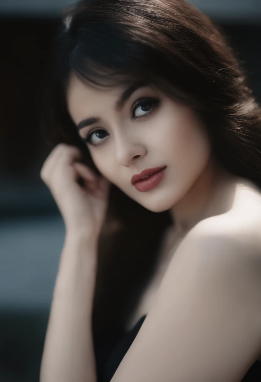 Big-eyed,with a round face,Somewhat fleshy,Wear black silk,sexy for,bit girl