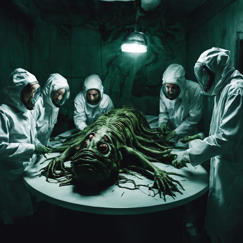 Terrifying Alien Autopsy in grunge dirty style. A dark and dingy room. A group of scientists in white coats huddle around a long metal table. On the table, a large, alien body lies exposed. The body is covered in strange, pulsing veins. Its skin is a sickly green color. Its eyes are large and black, with no pupils. Its mouth is filled with sharp, pointed teeth.