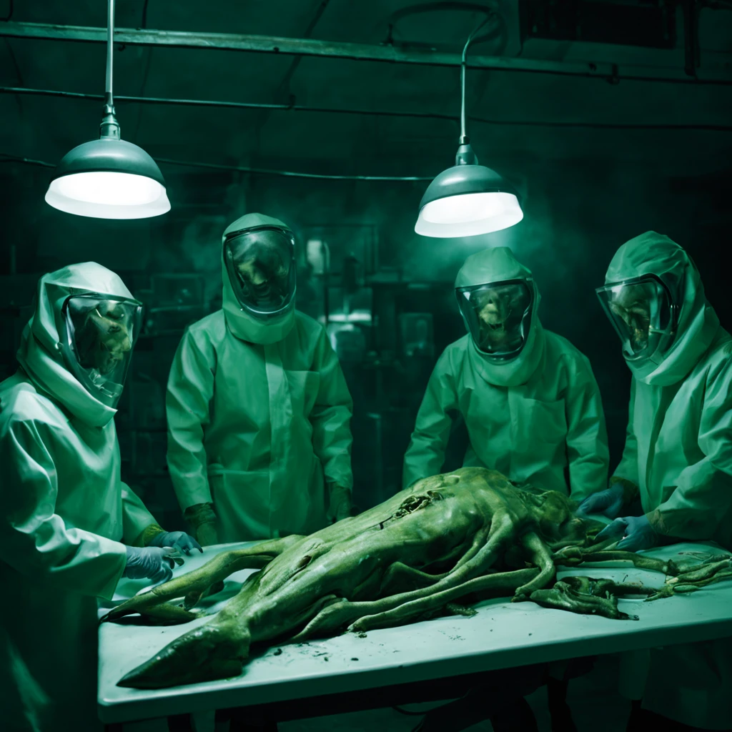 Terrifying Alien Autopsy in grunge dirty style. A dark and dingy room. A group of scientists in white coats huddle around a long metal table. On the table, a large, alien body lies exposed. The body is covered in strange, pulsing veins. Its skin is a sickly green color. Its eyes are large and black, with no pupils. Its mouth is filled with sharp, pointed teeth.