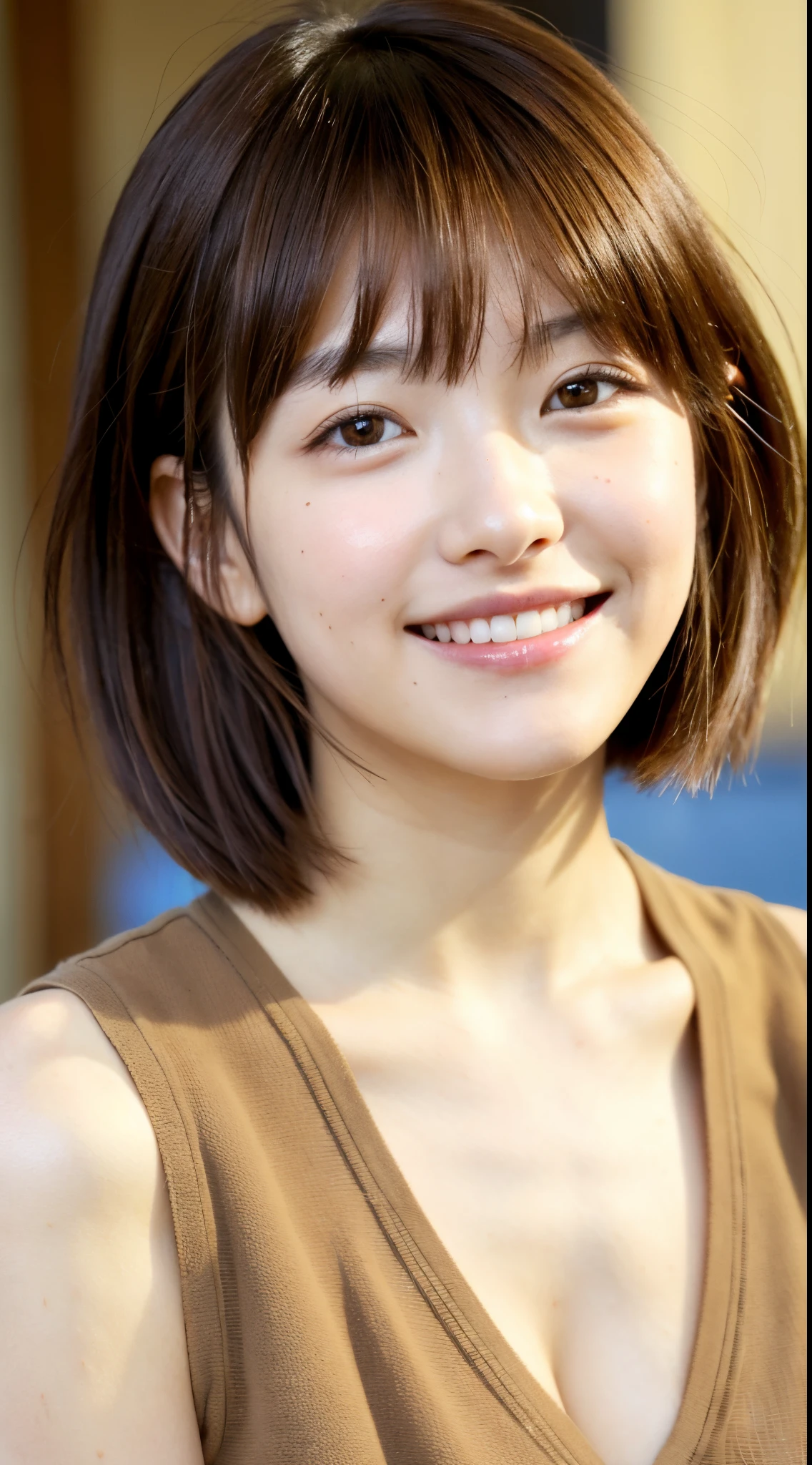 ((Best Quality)), ((masutepiece)), (Detailed), Perfect face,pretty skin,18 year old cute Japan girl,short cut brown hair,disheveled hair,Great smile,close up of face,