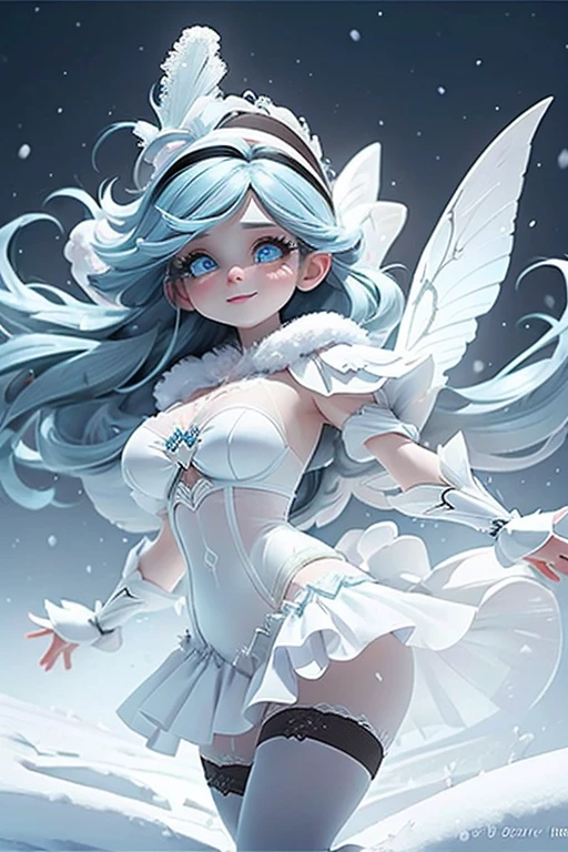 masterpiece, best quality, a snow winged fairy smiling, blue lips, blue hair, intense blue smokey eyes makeup, (snow material) clothing, (crystal) hair bow, crop shirt, sheer draped skirt, ((white tights)), ((black pumps)), playing with the snow, frozen magical garden (at night), magic lights floating around, (falling snow), photoshoot, dynamic pose, angle from below,