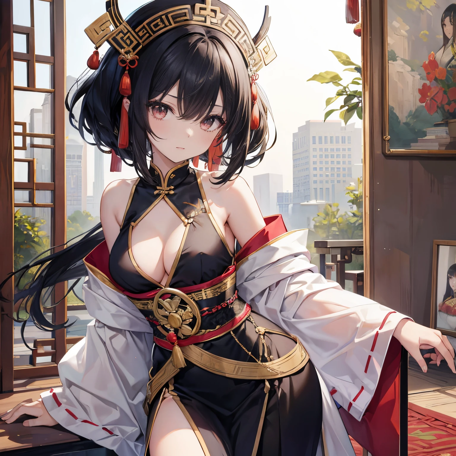 black hair girl,china idol,asian oriental,Wearing Western aristocratic clothing,medium boob,Willow waist