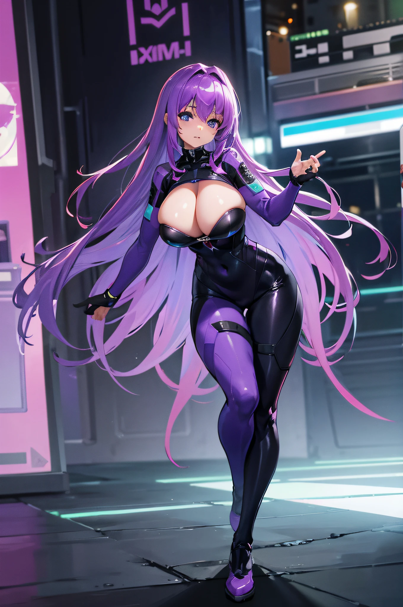 4K,hight resolution,One Woman,Bright purple hair,Longhaire,Bright blue eyes,Colossal tits,cybersuit,Full body tights,Underground Research Institute
