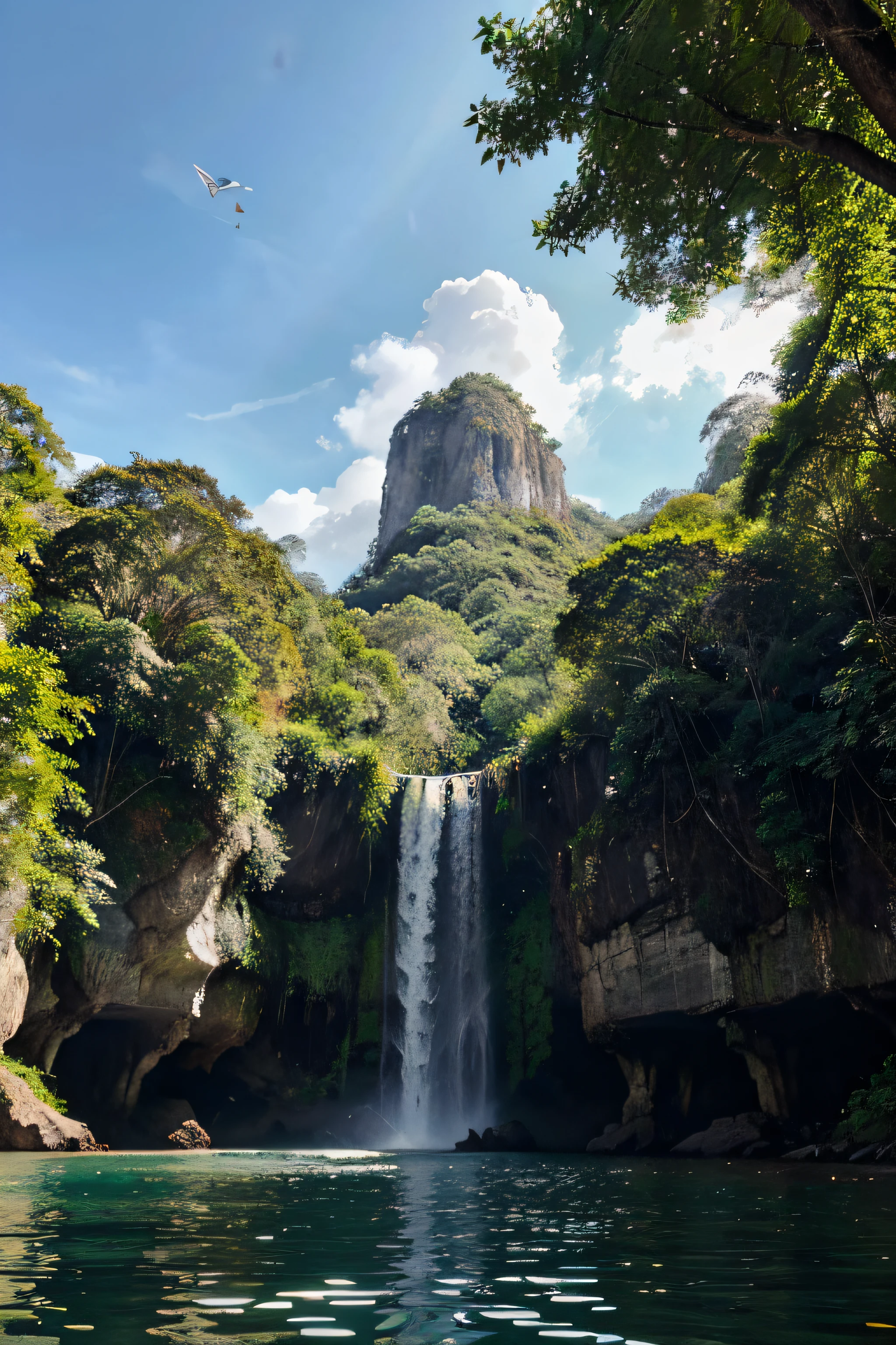 Imagine esta cena: a vast expanse of lush, exotic forest stretches as far as the eye can see. At the center of this majestic view is a spectacular waterfall, that slides smoothly from a rocky precipice to a large, calmo, lago cristalino abaixo.

The waterfall is the highlight of the landscape, its clear water falling in a mesmerizing spectacle, creating a fine mist that spreads. Water drops dance, capturing sunlight that penetrates through dense tree cover.

The surrounding forest is an example of biodiversity in full force, with a vibrant mix of towering trees, dense and colorful vegetation, plus a variety of wildlife. Macacos saltitam entre os galhos, birds of dazzling colors fly in harmony, e borboletas adornam o ar com sua graciosidade.

The blue sky is dotted with a few gently moving white clouds, enquanto o sol&#39;rays penetrate tree leaves, criando um jogo de luz e sombra na paisagem. A natureza parece viva, pulsante com energia e vitalidade.

The scene conveys a sense of serenity and natural splendor, inviting contemplation and connection with the majesty and beauty of untouched nature. It is a place that inspires admiration for the immaculate harmony between the water, the land and the lush vegetation that makes it up.