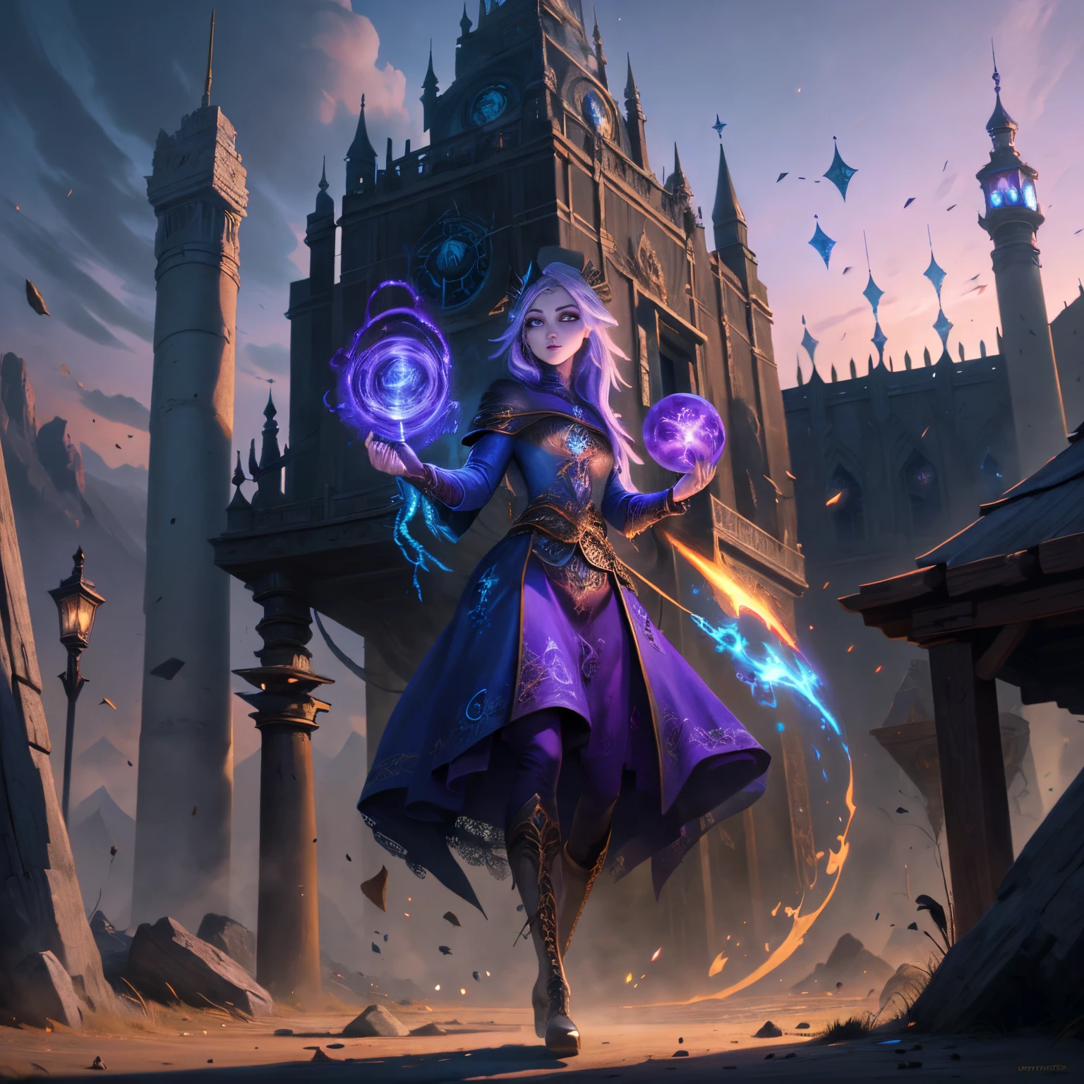 arte de fantasia, arte steampunk, Arte de RPG, fotografia, .RAW, , Melhor Detalhado, Imagem de uma mulher bruxa, Manipulating the Magic Blue Fire, mulher extremamente bonita (Melhor Detalhado, master part, hiper-realista: 1.5) cabelos loiros, cabelos ricos, cabelos ondulados, dynamic eye color, vestindo vestido preto e branco, wearing pantyhose, usando botas de salto alto, lace-up boots, compor, fundo steampunk, ultra melhor realista, melhores detalhes, melhor qualidade, 16k, [ultra detalhado], master part, melhor qualidade, (extremamente detalhado), tiro ultra largo, fotorrealismo, profundidade de campo, pintura hiper realista, Runas brilhantes_Purple, fogo azul