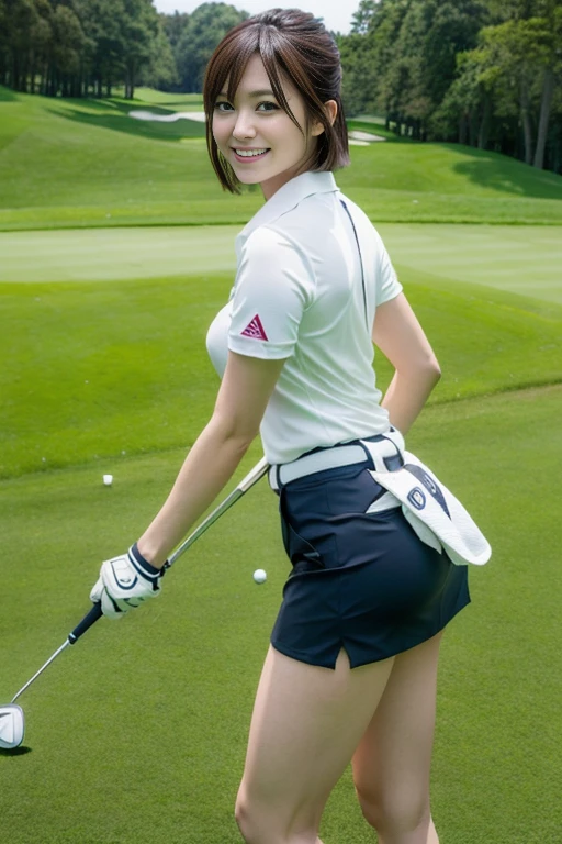 (masutepiece:1.3), (8K, Photorealistic, Raw photography, Best Quality: 1.4), Beautiful face, (Lifelike face), (short-cut:1.3), Realistic eyes, Beautiful eyes, (realskin), Beautiful skin, Ultra high definition, Hyper-realistic, hight resolution, Beautiful Japan Woman、(Golf Wear:1.4)、(a miniskirt:1.2)、（Sexy buttocks:1.5）、（Angle from diagonally down:1.3）、A smile
