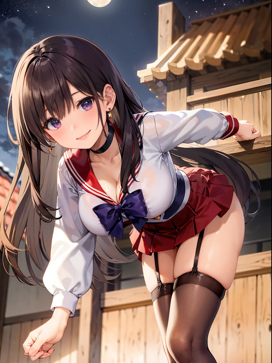 (masterpiece、top-quality), Hi-Res, SAMA1, tiarra, skirt by the, Sailor Senshi Uniform, white glove, Red sailor collar, a red skirt, star choker, elbowgloves, pleatedskirt, Bare legged, 鎖骨, Purple bow, A smile, a moon,Acme face,panting,AHE Face Bold legs open,,Soft thighs,large full breasts,,、 On roof tiles、nigh sky、、、Solo, (Curve:1.1), looking down to viewer, Smile on his face, ((From below:1.5)) Looks Back, ((Leaning forward)), , Long hair, lip stick, makeup, Ultra Detail Hair, ultra detail face, (Purple eyes:1.05), Perfect eyes, Perfect face, earrings, (Confused, blush:1.2), , (black thighhighs, Garter Belt:1.1), zettai ryouiki, , high-heels, (Large breasts:1.1), cleavage, Big ass, thighs thighs thighs thighs, Show panties, ((From the hem of the rolled up skirt to the crotch))
