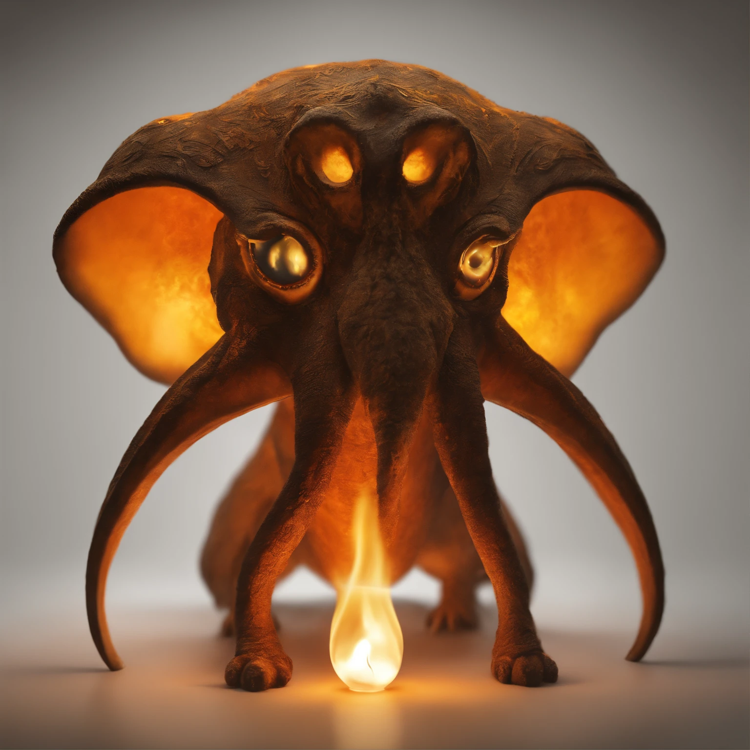 ceiling lamp scent, Huge eyes, large ears, trunk-shaped nose, bright orange and brown, long tail, engulfed in yellow flames, flame clothes, Best Quality, Masterpiece, in style of dark fantasy art